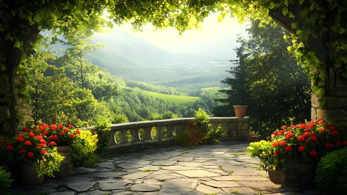 Sunlit stone terrace overlooking verdant misty valley.