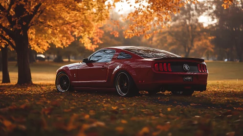 Red sports coupe parked in autumn park landscape.