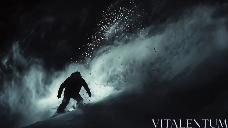 Snowboarder riding a night avalanche of glowing powder.