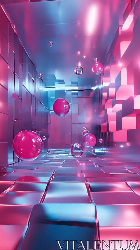 Chromed corridor with luminous pink glass spheres suspended.