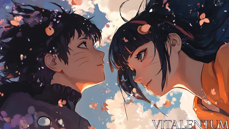 Skybound gaze between two anime souls in drifting petals.