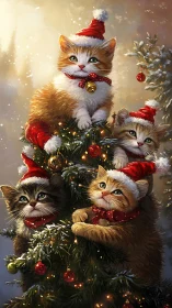 Festive Kittens Stacked on Christmas Tree with Red Hats.