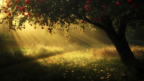 Backlit apple orchard meadow in atmospheric digital painting.