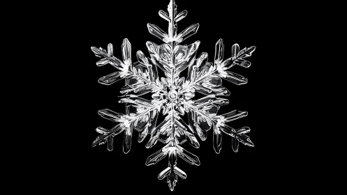 Macro close-up of single symmetrical snowflake on black
