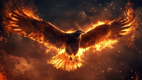 Majestic Flaming Eagle Soaring in Fiery Skies, Digital Art Style.