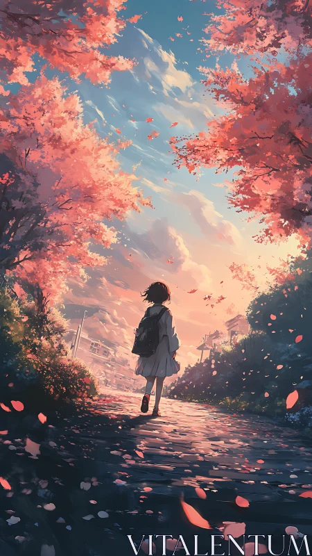 Backlit student under sakura canopy on sunset lane path.