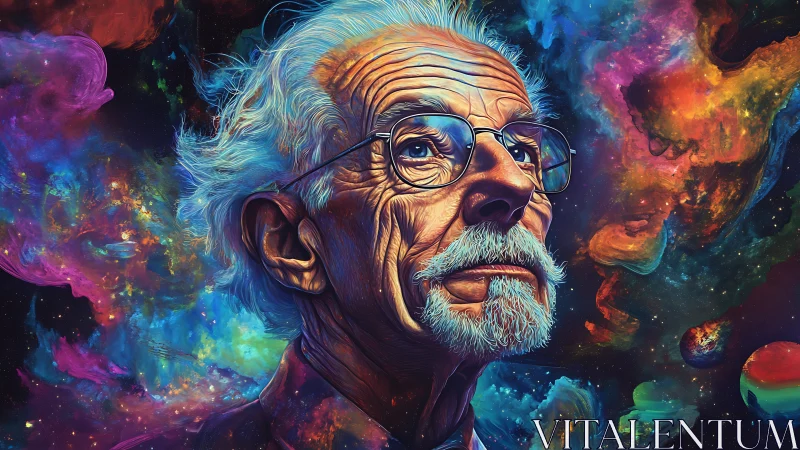 Stargazing elder contemplates colorful cosmic dreams