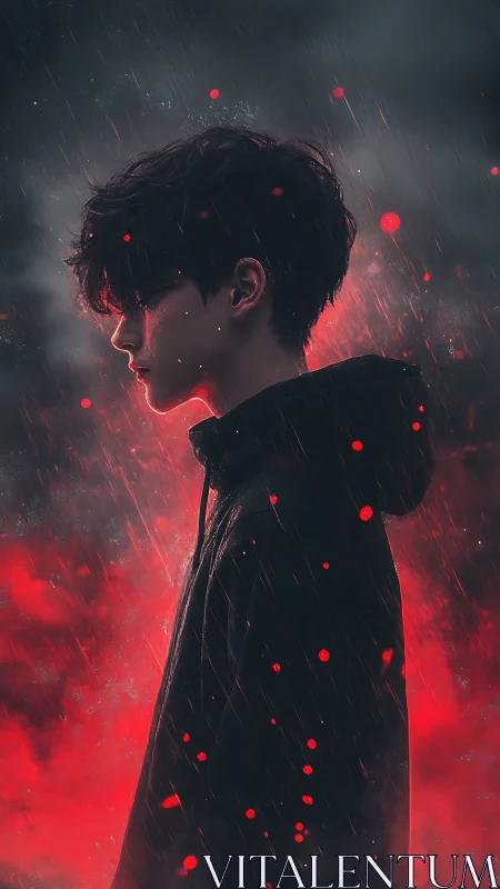 Moody side-profile youth in red backlight and cinematic rain.