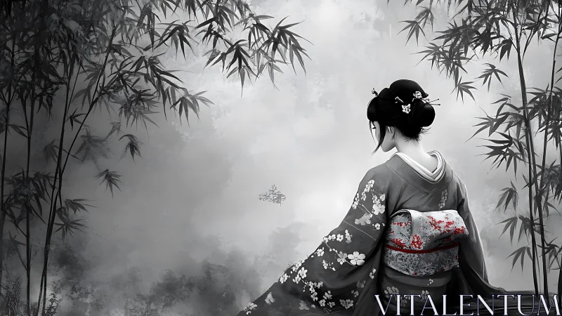 Woman in traditional kimono sits amid monochrome bamboo grove