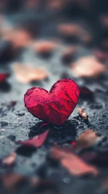 Red heart-shaped object on wet surface with blurred background.