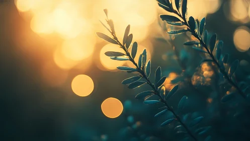 Close-up branch with leaves in dreamy sunset bokeh style.