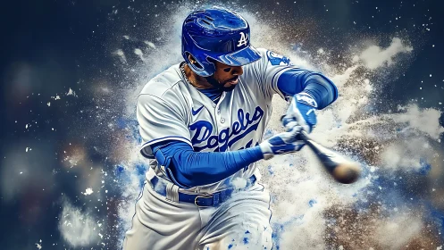 Baseball slugger in Dodgers uniform making powerful swing.