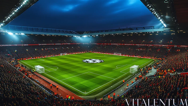 Photorealistic night stadium panorama with illuminated pitch.