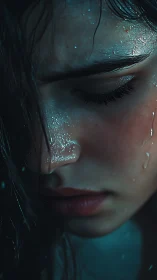 Moody wet portrait with cinematic teal low key lighting.