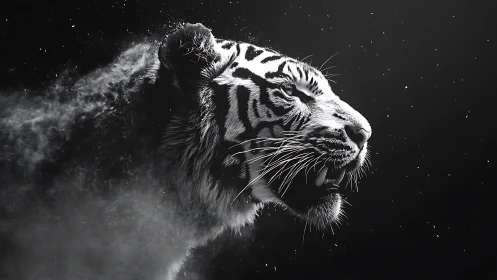 Stormlit tiger roaring into the dark night sky.