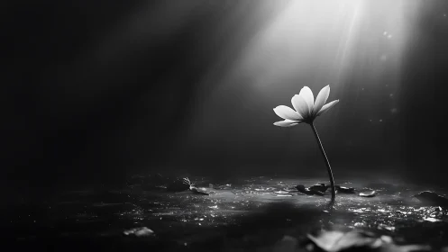 Single water lily stands in spotlight over dark water