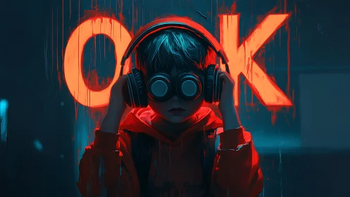 Neon drenched youth with goggle headphones under OK sign.