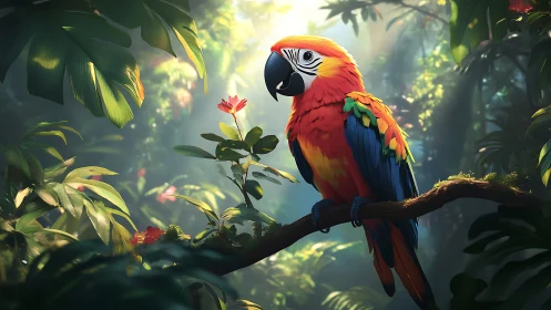 Jungle sunrise crowns a jewel-toned parrot on emerald bough.