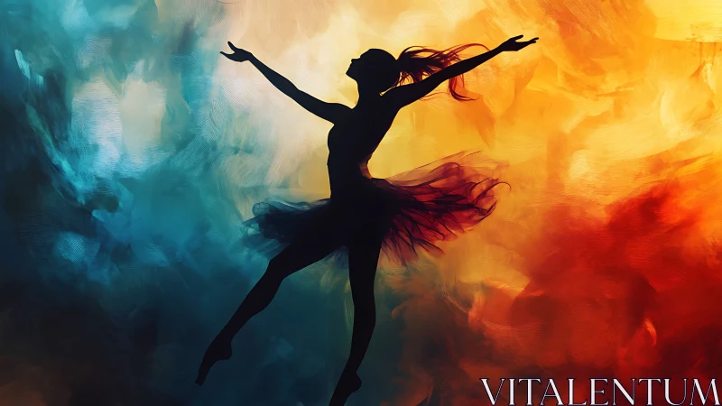 Silhouette ballet dancer leaping in vivid abstract color field.