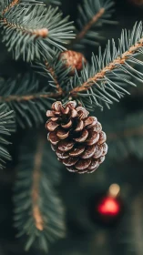 Snow-dusted pine cone on evergreen branch with soft bokeh.