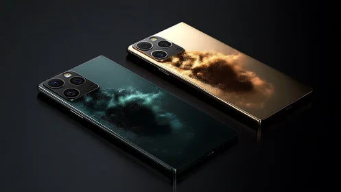 Premium dual smartphones with metallic backs on black surface.