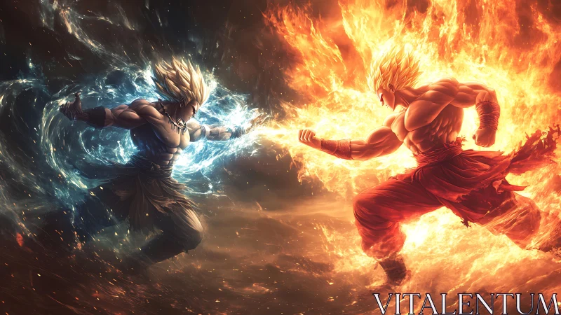 Elemental warriors collide in high-energy fire and water aura clash