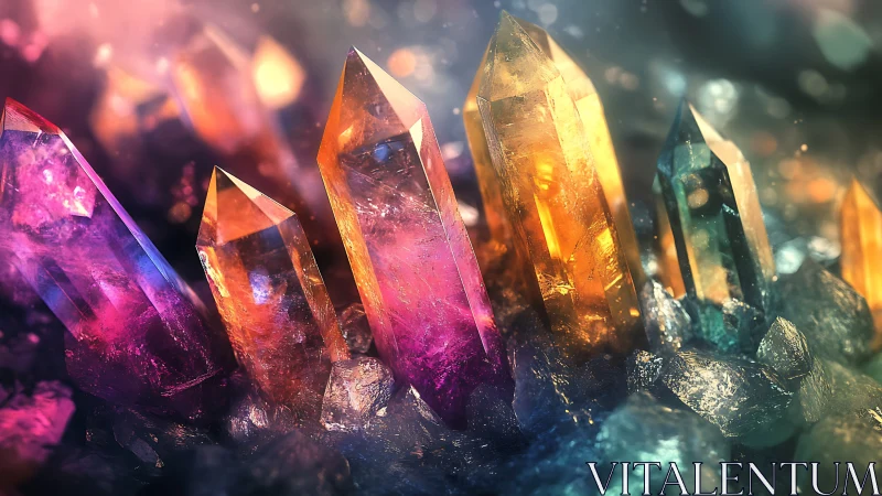 Digital render depicts multicolored prismatic crystal cluster