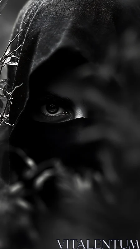 Hidden eye in shadowed hood and foliage in monochrome.