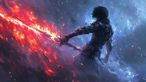 Dark warrior wielding blazing sword amid blue storm.