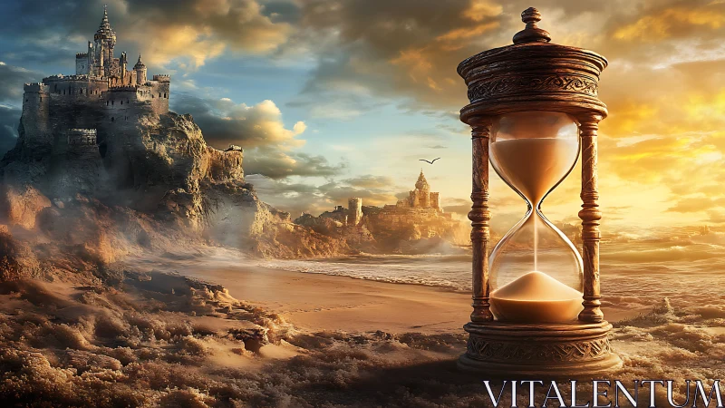Ancient coastal castle and ornate hourglass visualize epic time
