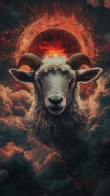 Horned ram ascends through fiery eclipse and storm clouds