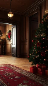 Wood paneled interior with decorated Christmas tree and doorway.