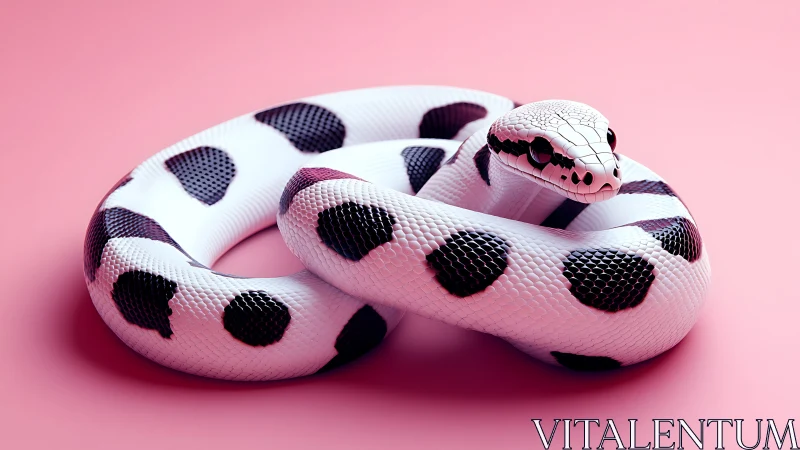 Spotted white snake coils calmly on soft pink backdrop