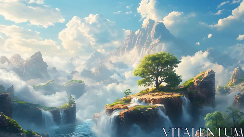 Digital landscape shows elevated cliffs, waterfalls and clouds