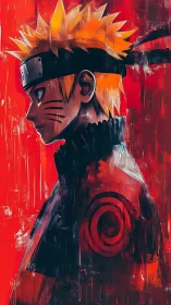 Fiery ninja profile in scarlet storm of swirling resolve.