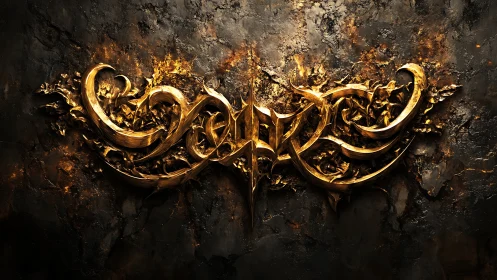 Gilded baroque calligraphy emblem on textured basalt wall.