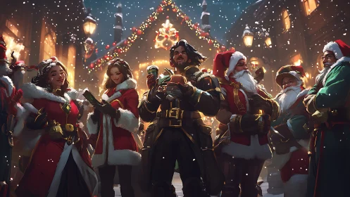 Snowlit hero squad leads a festive Christmas street revelry.