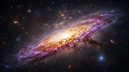 Spiraling starforge hurls violet dust across quiet cosmos