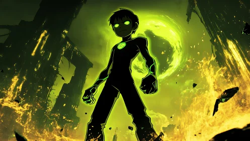 Silhouetted figure with green aura in collapsing wasteland.
