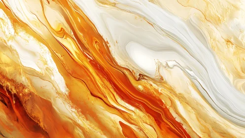 Molten gold marble abstraction with flowing orange currents.
