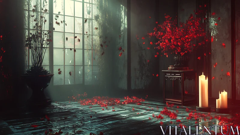 Volumetric-lit chamber with drifting red petal turbulence.