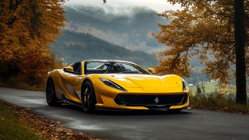Golden supercar prowls misty autumn mountain roadscape.