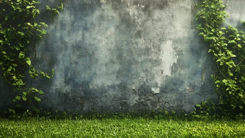 Weathered concrete wall with climbing ivy and trimmed grass