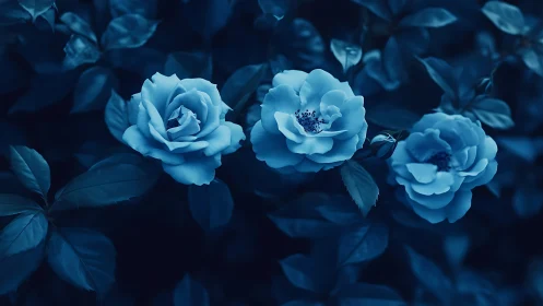 Blue roses in monochromatic garden setting with foliage.