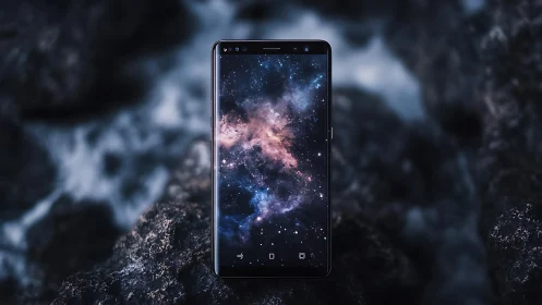 Modern Smartphone Displaying Nebula Cosmic Visualization with Dark Texture
