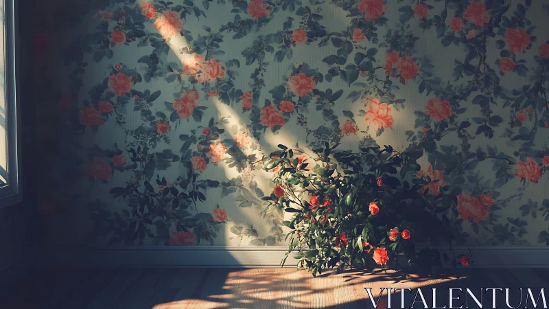 Interior room with floral wallpaper and sunlit potted flowers