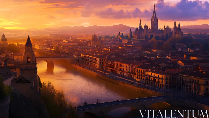 Sunset-illuminated riverside cityscape renders neo-gothic skyline