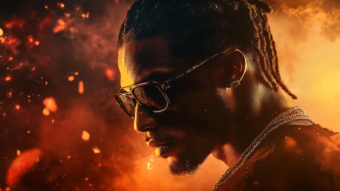 Profile portrait of stylish man in fiery cinematic light