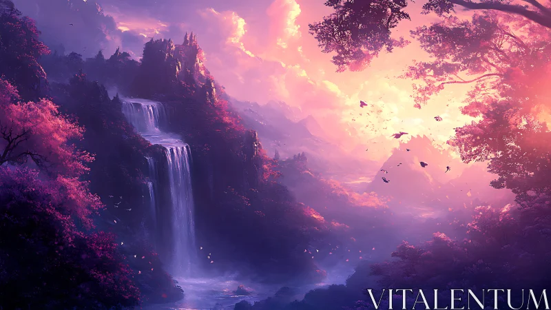 Twilight cascades in a neon-tinted enchanted valley dreamscape.