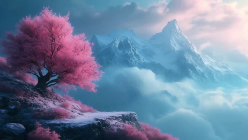 Digital painting of pink alpine tree against misted peaks.